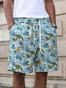 PAVTROS Men's Straight Casual Shorts With Jacquard Woven Pattern - Blue - View 2
