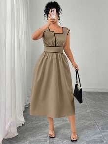 Elenzga Plus Size Women's Elegant Color Block Pleated Waist Dress, Back Cinched Design, Suitable For Daily Commute - Khaki - View 4
