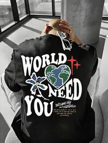 Torvinic 男款寬鬆版型塗鴉「WORLD NEED YOU」3D印花黑色大尺碼T恤 (材質), 度假 - 黑色 - 查看 1