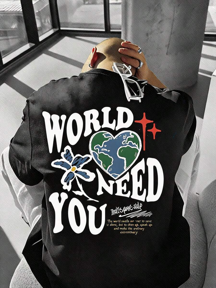 Torvinic 男款寬鬆版型塗鴉「WORLD NEED YOU」3D印花黑色大尺碼T恤 (材質), 度假 - 黑色 - 查看 1