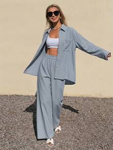 DAZY Women's Casual Blue And White Stripe Stripe Pocket Shirt And Wide Leg Pants 2 Pieces Set, Autumn Vacation Vacation - Baby Blue - View 4
