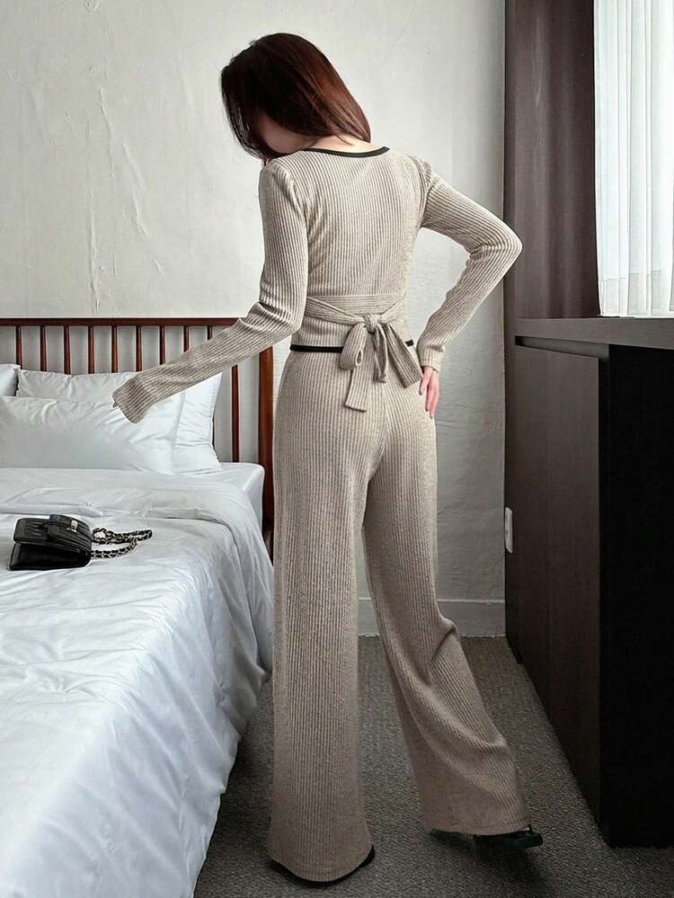 Women's Color Block Twist Waist Long Sleeve Top And Wide Leg Pants Casual Suit