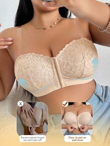DesireSculpt Plus Size Wireless Lace Front Closure Bra, Sexy Lift And Gather, Invisible Back Bra, 1pc - Beige - View 4