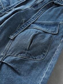 ROMWE MEN Pantalones cortos vaqueros holgados y casuales con cordón y múltiples bolsillos, con efecto lavado vintage para hombres - Azul - Ver 6