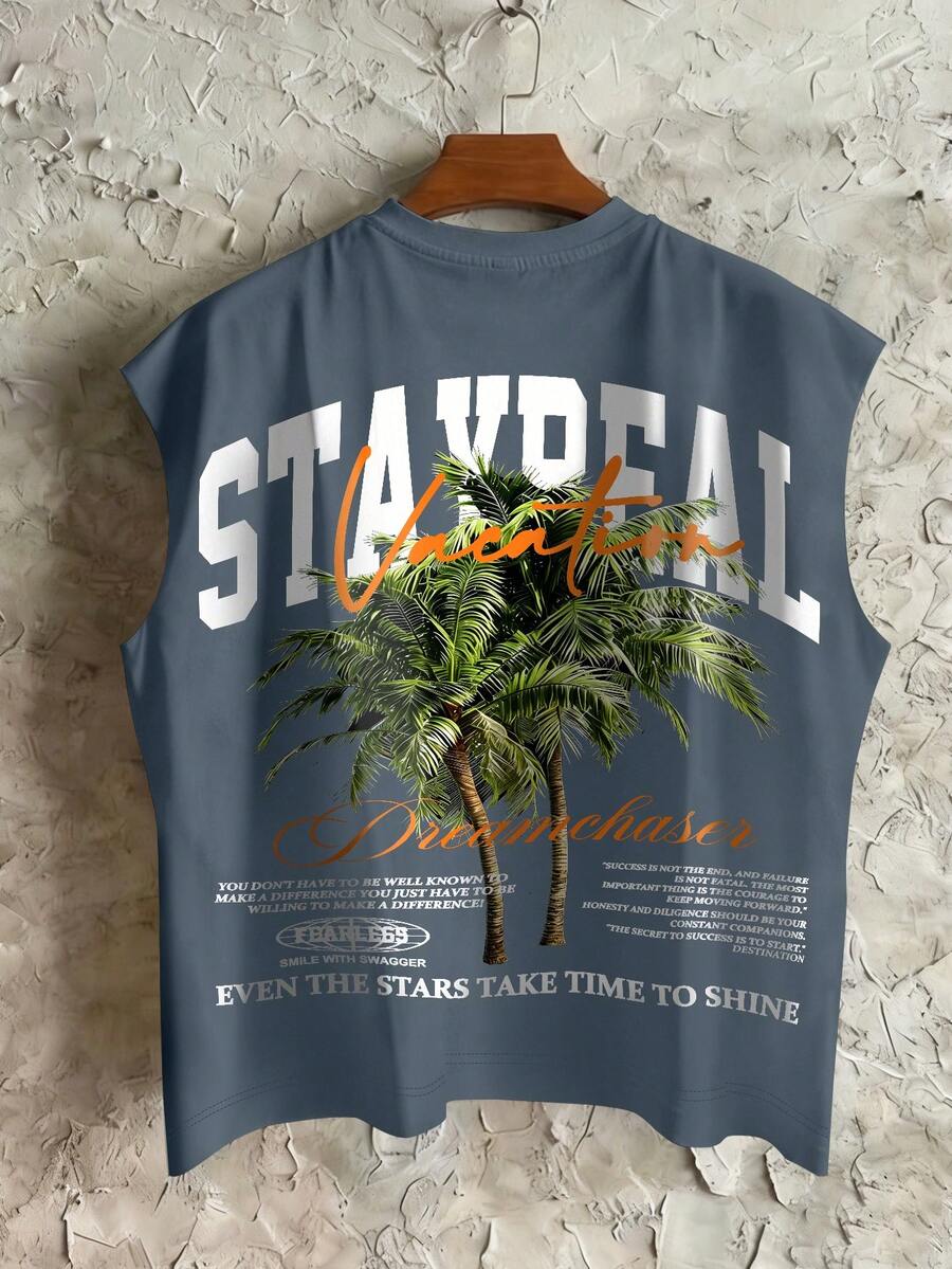 STEELVANCE 男士休閒椰子樹字母印花背心,度假風 - 藍色 - 查看 1