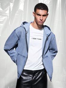IRON GLYPH Men's Long Sleeve Casual Loose Fit Zip-Up Hooded Denim Jacket, Autumn Men Denim Hoodie Jacket Couples Boyfriend & Husband Washed Blue For Hooded Going Out Denim Hoodies Men Jackets For Men Hoodie - Light Wash - View 4