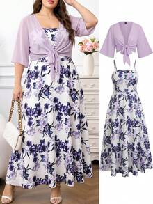 Gownix Plus Size Women's 2 Pieces Set, Elegant Lavender Floral Print Chiffon Cover Up And Slip Dress, Summer Tea Party Wedding Vacation Outfit Matching Set - Mauve Purple - View 1