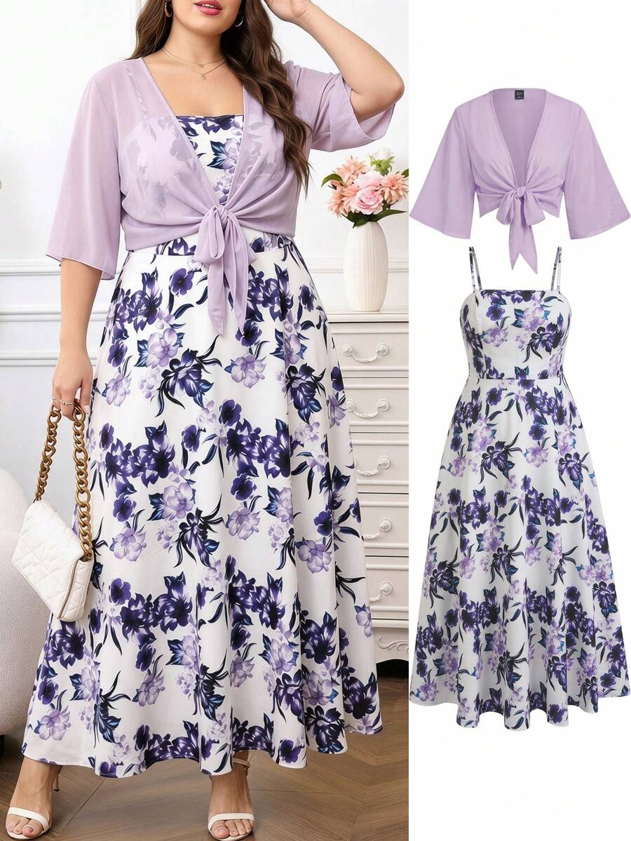 Gownix Plus Size Women's 2 Pieces Set, Elegant Lavender Floral Print Chiffon Cover Up And Slip Dress, Summer Tea Party Wedding Vacation Outfit Matching Set - Mauve Purple - View 1