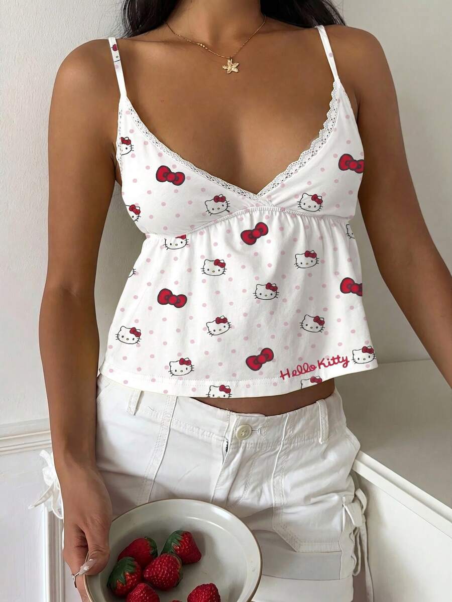 CovetEZ HELLO KITTY AND FRIENDS | SHEIN 女款春夏休閒細肩帶背心,蝴蝶結波點撞色設計,適合情人節穿搭 - 彩色 - 查看 1