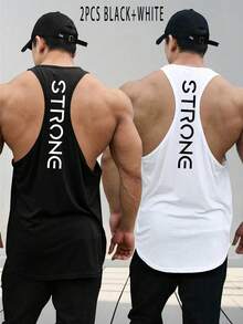 Gym Rark 男士2件組字母印花休閒百搭背心，適合日常穿著、運動、健身房、度假 - 黑色 - 查看 1