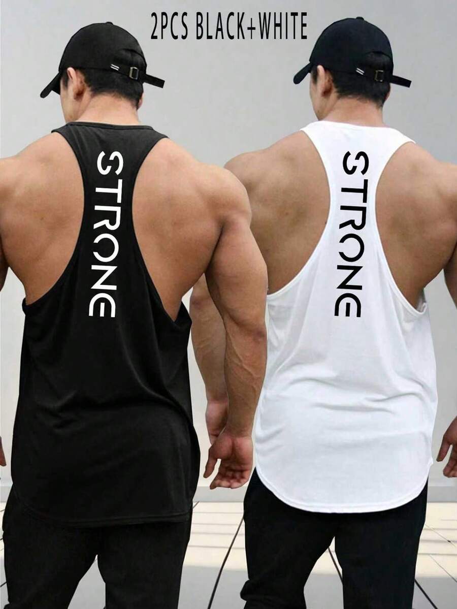 Gym Rark 男士2件組字母印花休閒百搭背心，適合日常穿著、運動、健身房、度假 - 黑色 - 查看 1