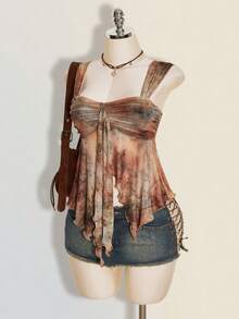 SHEIN ICON 夏季 Y2k 女款西式波希米亞風外出紮染百褶休閒百搭日常上衣 - 彩色 - 查看 4