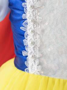 Young Girls Fashion Cute Yellow Mesh Lace Embroidered Beaded Ruffle Puff Sleeve Back Detachable Cape Princess Mini Dress, Comfortable Summer Clothing - Multicolor - View 5