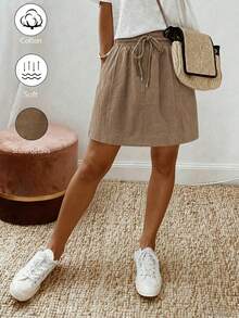 SHEIN Holidaya 女款素色抽繩腰身休閒百搭日常出遊裙 - 卡其色 - 查看 1