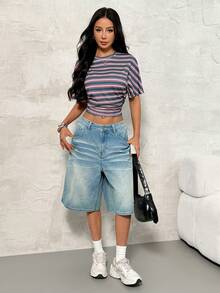 SHEIN PETITE Áo thun crop top nữ mùa xuân/hè phong cách tối giản, thanh lịch, kiểu Y2K, preppy, cơ bản, mặc hàng ngày, casual, phong cách đường phố, co giãn, màu xanh lá cây và hồng, dáng rộng, xếp ly. - Nhiều màu - Xem 4
