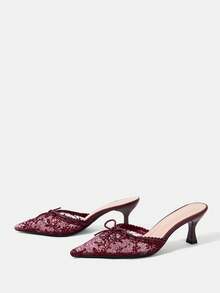 CUCCOO HITCHD Burgundy Lace Bow Pointed Mullers, Thin Heel Empty, Dating Commuter Skinny High Heels - Burgundy - View 9