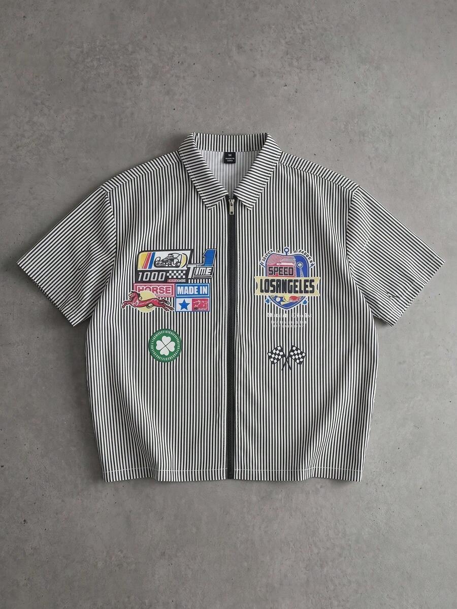 Áo sơ mi nam TOKVUE cổ polo kéo khóa, tay ngắn, họa tiết kẻ sọc và in chữ, phong cách casual đi làm, phù hợp phong cách đường phố, trẻ trung, đi học, đồ thiết yếu cho kỳ nghỉ hè, quà tặng lý tưởng cho bạn trai - Đen và trắng - Xem 1