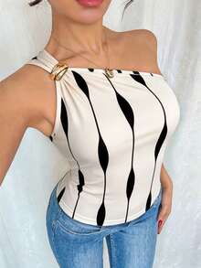Blusa negra sexy de mujer con un hombro, sin mangas y con pliegues de metal - Multicolor 2 - Ver 3