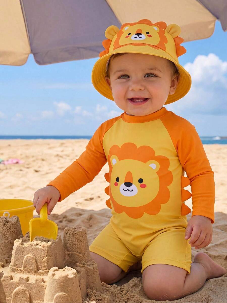 SHEIN Baby Boy/Girl Cute Cartoon Lion Print One-Piece Swimsuit, Suitable For Beach, Pool, Vacation, Summer - Multicolor - View 1