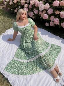 Lyrianda Vestido casual con estampado floral pequeño y mangas abullonadas, primavera/verano - Verde - Ver 5