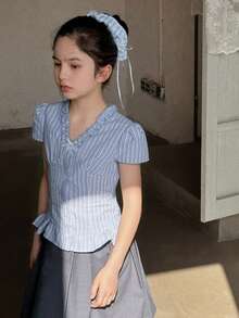 DAZY V領鈕扣可愛荷葉邊設計短袖女童上衣 夏季 - 藍色 - 查看 4
