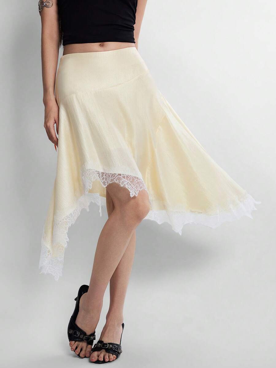 INAWLY Women's Soft Satin Lace Skirt In White, Asymmetric Hem Design, Suitable For Dates Brunch Party And Commuting Autumn Elegant - Yellow - View 1