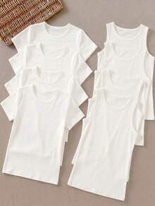 SHEIN Franclia 两件套白色叠穿背心，夏季新品系列：白色百搭通勤背心 - 适合约会、通勤、度假，优雅女士上衣。背心款式，圆领T恤，夏季上衣T恤背心，女士背心，优雅背心，优雅女士上衣T恤 - 白色 - 查看 5