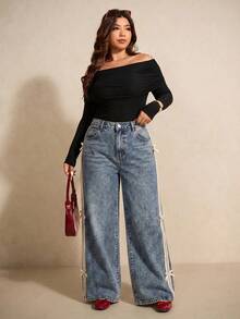 SHEIN CURVE+ Plus Size Women's High Waisted Bow Detail Wide Leg Jeans, Casual Everyday & Streetwear Pants For Women - Dark Wash - View 4