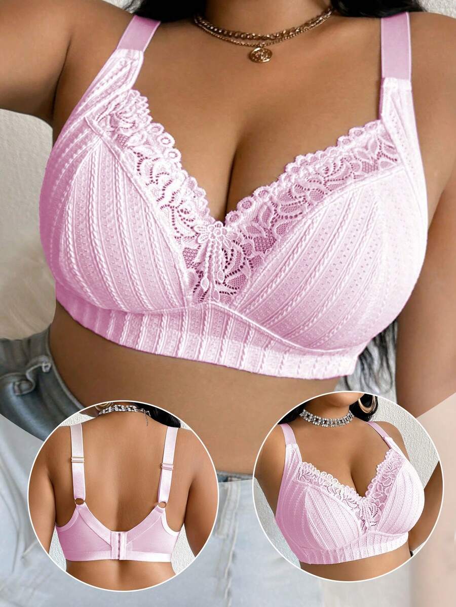 DesireSculpt 1pc Plus Size Lace Patchwork Wireless Bra Hot Pink Summer - Pink - View 1