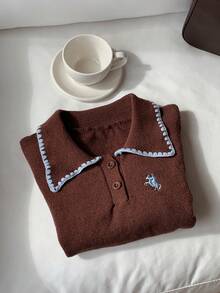 Comfortcana 女款對比飾邊刺繡休閒針織上衣，百搭日常穿著 - 咖啡棕 - 查看 7