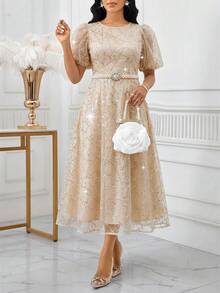 SHEIN Lady 女款優雅派對亮片網紗中長洋裝 - 杏色 - 查看 4
