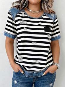 SHEIN LUNE Femmes grande taille T-shirt ample à manches courtes avec imprimé rayé en patchwork faux denim, pour l'été, les vacances et les déplacements quotidiens - Multicolore - Voir 3