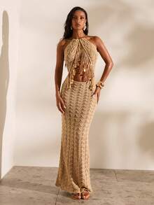 Opulessa Đầm len nữ cổ yếm họa tiết sóng đính sequin tua rua cắt rỗng - Màu Khaki - Xem 2