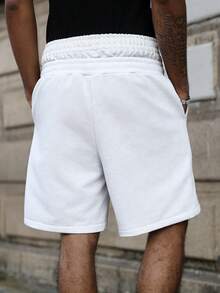 PAVTROS Men's Casual Letter Print Dual Waistband Shorts, Colorblock Design, Streetwear Style, Loose Fit, Versatile, Holiday - White - View 2