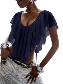 LYSMO Women's Solid Color Ruffle Hem Asymmetric Hem Fashionable Blouse - Navy Blue - View 5
