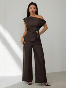 SHEIN PETITE Dark Brown Summer Elegant Dining Women's Two Pieces Set, Off-Shoulder Metal Buckle Design Flowy Top High-Waisted Wide-Leg Trousers Night Out - Brown - View 5