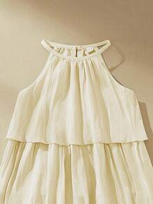 SHEIN Young Girl Summer Elegant Minimalist Solid Color Ruffle Neck Dress - Apricot - View 7