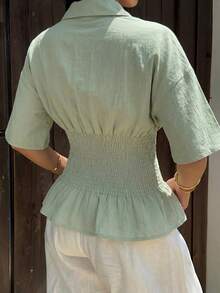 SHEIN EZwear Mint Green Woven Button-Down Short Sleeve Shirt For Women,Summer Top - Mint Green - View 2