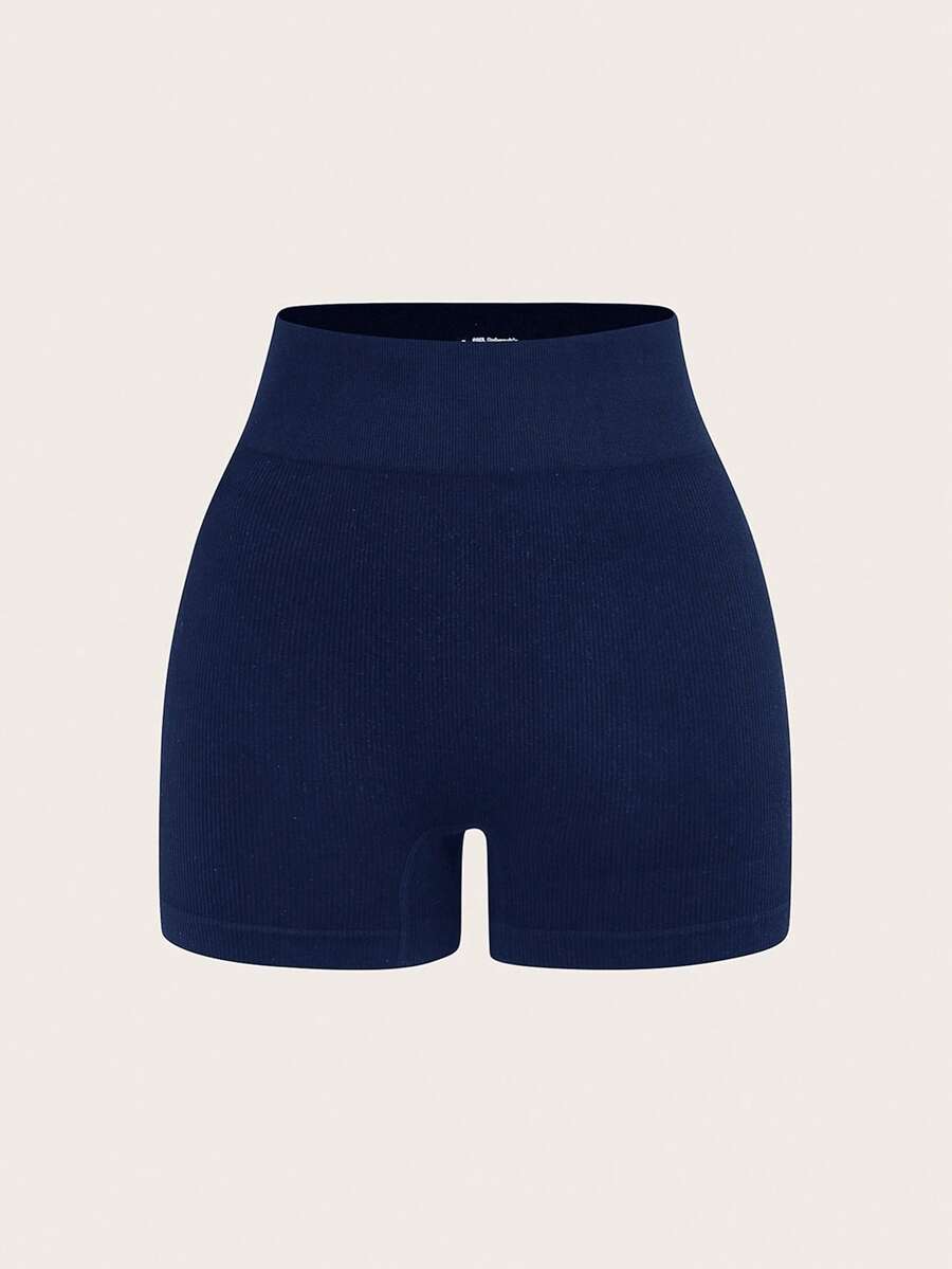 SHEIN BASICS 素色無縫針織緊身短褲,休閒運動風 - 藏蓝色 - 查看 1