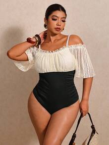 Elaquor Traje de baño de una pieza con bloques de color, encaje y hombros descubiertos para tallas grandes - Negro - Ver 5