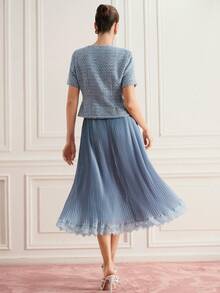 Zanirela Square Neck Button Front Tweed Fabric Top And Chiffon Pleated Skirt Set - Dusty Blue - View 7