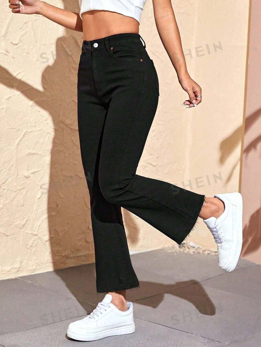 SHEIN EZwear 素色牛仔喇叭褲 - 黑色 - 查看 1