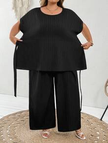 SHEIN CURVE+ 女款優雅柔軟修身休閒正式通勤早午餐辦公室純色襯衫與長褲兩件套大尺碼夏季服飾黑色度假風 - 黑色 - 查看 8