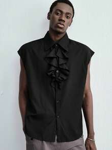 ROMWE MEN Goth Men's Solid Color Ruffle Hem Casual Versatile Daily Wear Shirt - Black - View 5
