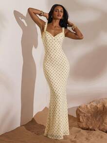 Opulessa Vacation Solid Color Knit Lace Bodycon Dress For Women - Light Yellow - View 2