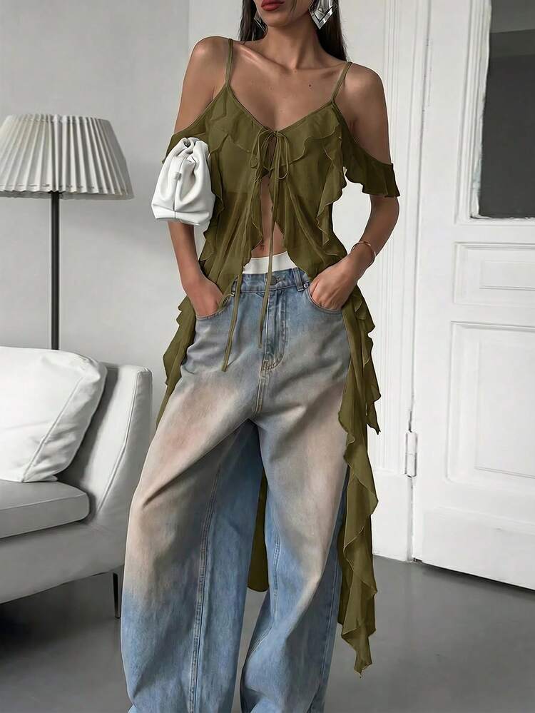 Firerie Áo hai dây maxi cổ chữ V xếp ly xuyên thấu gợi cảm kiểu Bohemian dành cho nữ, thích hợp cho lễ hội âm nhạc, kỳ nghỉ biển. - xanh quân đội - Xem 12