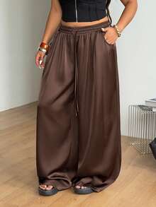 Coolane Plus Size Women Solid Color Drawstring Waist Pockets Wide Leg Loose Casual Pants - Coffee Brown - View 6