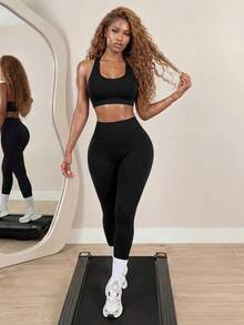 BamGleam Women's Solid Color Cami Top And Leggings Sports Set Workout Women Sets - Black - View 4