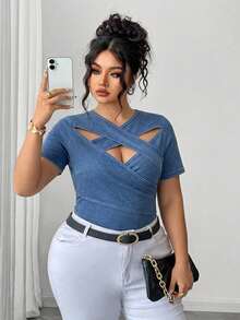 Elenzga Plus Size Hollow Out Sexy Short Sleeve Knit Denim Top Concert Dusty Blue Summer - Blue - View 2