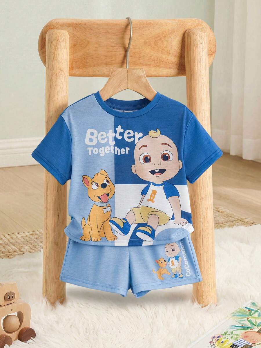 CoComelon X SHEIN Baby Boy Summer Casual Contrast Color Cartoon Print Round Neck Short Sleeve T-Shirt And Shorts Set - Blue - View 1
